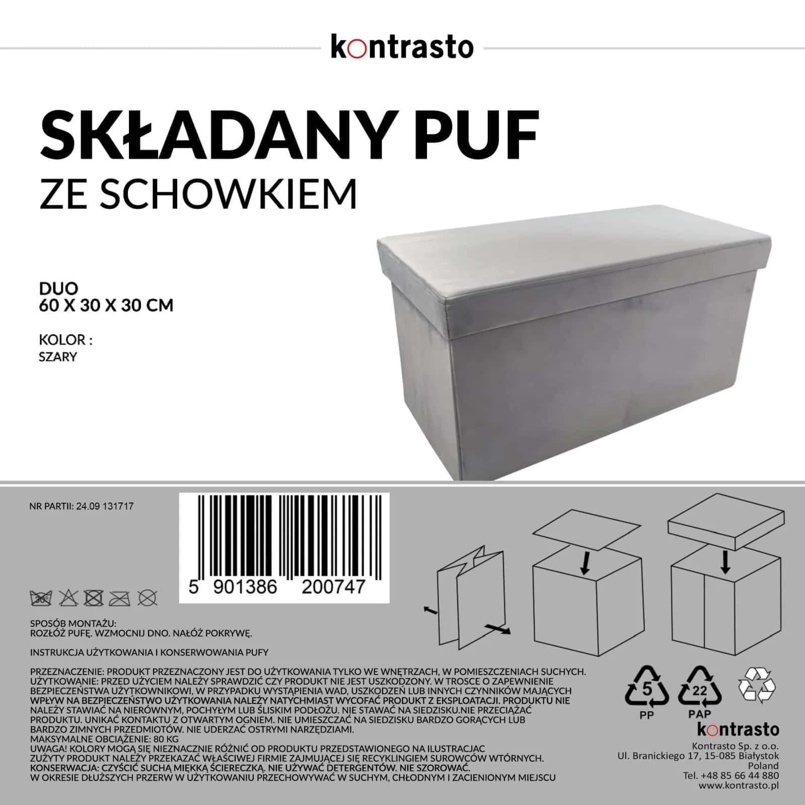 Pufa ze schowkiem welurowa szara PERFECT DUO 60x30x30cm – miniatura 5