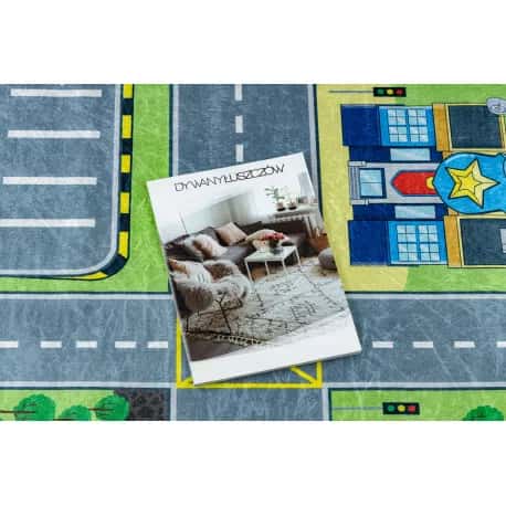 Dywan do prania BAMBINO 9028 Miasto, ulice, uliczki dla dzieci, antypoślizgowy - zielony / szary – miniatura 3