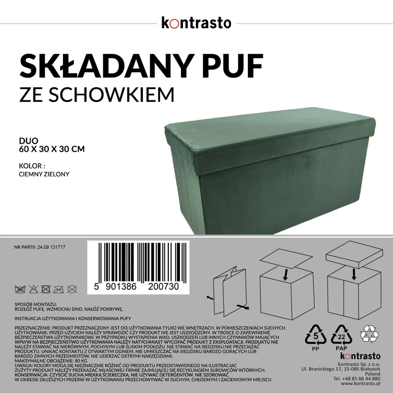 Pufa ze schowkiem welurowa ciemnozielona PERFECT DUO 60x30x30cm – miniatura 5