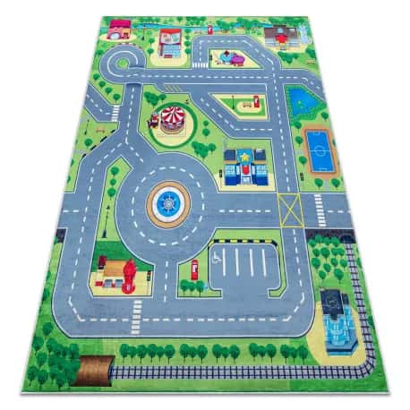 Dywan do prania BAMBINO 9028 Miasto, ulice, uliczki dla dzieci, antypoślizgowy - zielony / szary – miniatura 1