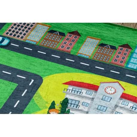 Dywan do prania BAMBINO 2660 Miasto, ulice, uliczki dla dzieci, antypoślizgowy - zielony / szary – miniatura 4