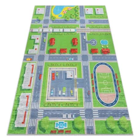 Dywan do prania BAMBINO 2624 Miasto, ulice, uliczki dla dzieci, antypoślizgowy - zielony / szary – miniatura 1