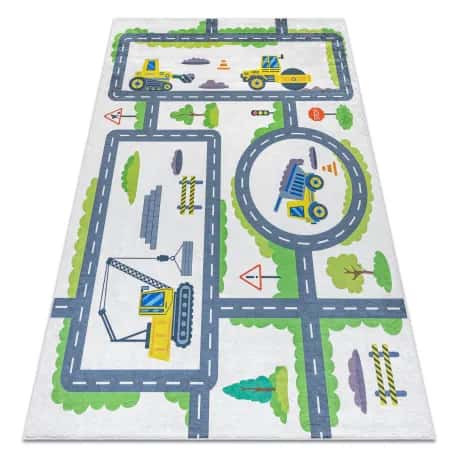 Dywan do prania BAMBINO 2338 Koparka, ulice, uliczki dla dzieci, antypoślizgowy - biały / zielony – miniatura 1