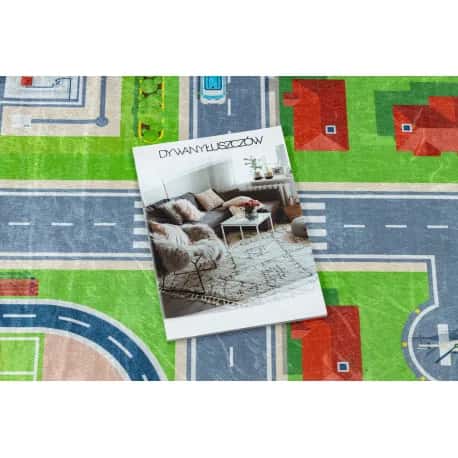 Dywan do prania BAMBINO 2624 Miasto, ulice, uliczki dla dzieci, antypoślizgowy - zielony / szary – miniatura 3