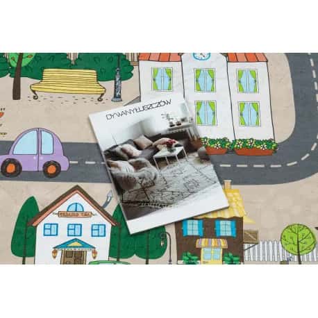 Dywan do prania BAMBINO 34600 Miasto, ulice, uliczki dla dzieci, antypoślizgowy - beż / szary – miniatura 3