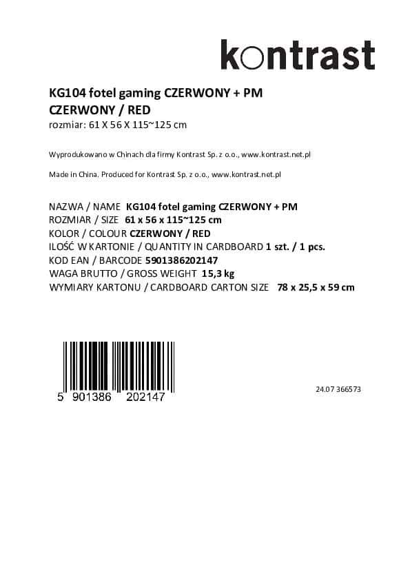KG104 fotel gaming CZERWONY + PM – miniatura 3