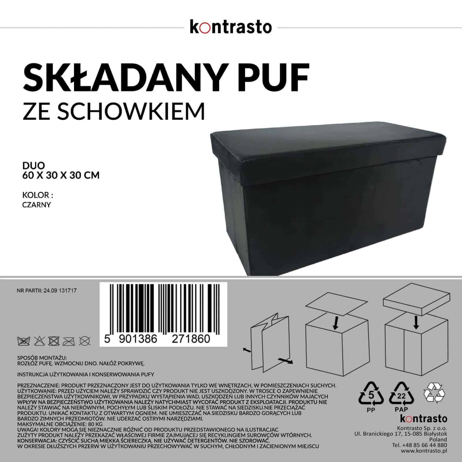 Pufa ze schowkiem welurowa czarna PERFECT DUO 60x30x30cm – miniatura 3