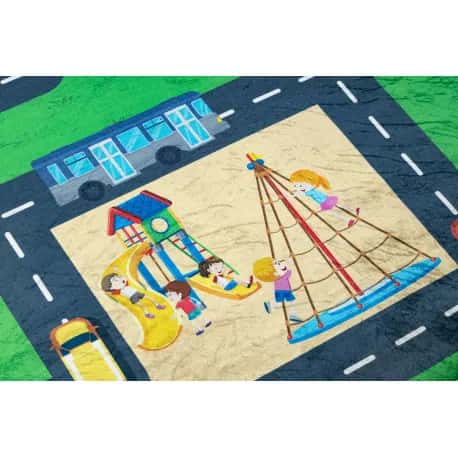 Dywan do prania BAMBINO 2660 Miasto, ulice, uliczki dla dzieci, antypoślizgowy - zielony / szary – miniatura 5