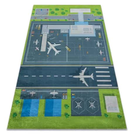 Dywan do prania BAMBINO 46990 Lotnisko, samoloty dla dzieci, antypoślizgowy - zielony / szary – miniatura 1