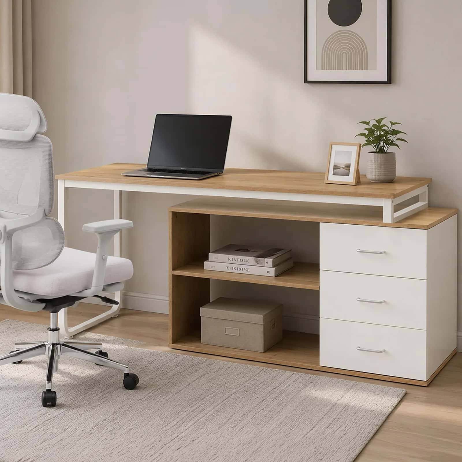BB106 Biurko przesuwne 140x105 dąb/białe – miniatura 10