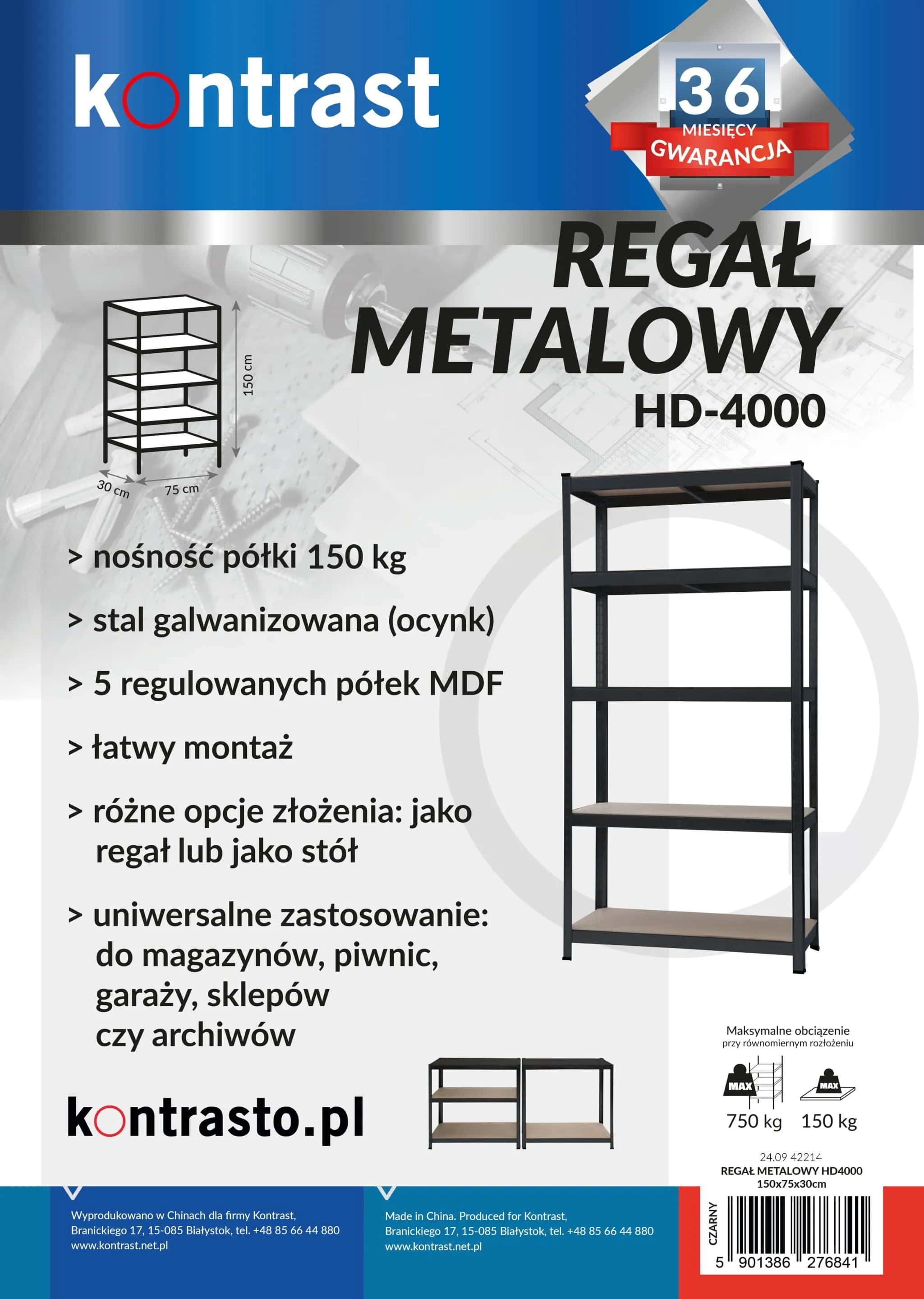 HD4000 Regał metalowy 150x75x30cm czarny – miniatura 2