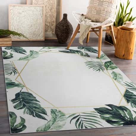 Dywan do prania ANDRE 1168 Liście Monstera, geometryczny antypoślizgowy - biały / zielony – miniatura 3