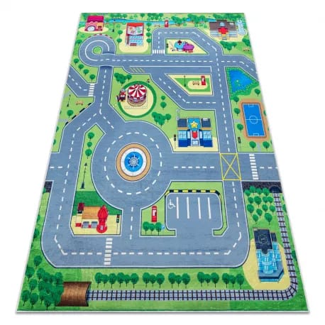 Dywan do prania BAMBINO 9028 Miasto, ulice, uliczki dla dzieci, antypoślizgowy - zielony / szary – zdjęcie 1