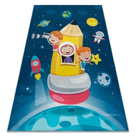 Dywan do prania BAMBINO 42810 Rakieta, planety dla dzieci, antypoślizgowy - niebieski / brązowy – zdjęcie 1