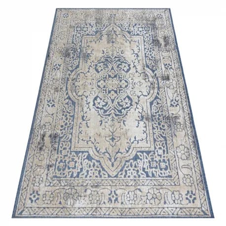 Dywan Strukturalny SOLE D3871 Ornament, ramka - płasko tkany niebieski / beż – zdjęcie 1