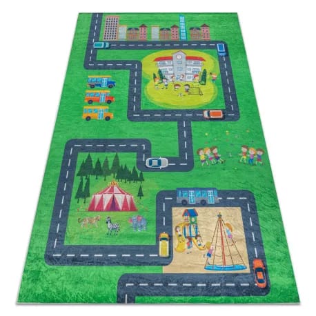 Dywan do prania BAMBINO 2660 Miasto, ulice, uliczki dla dzieci, antypoślizgowy - zielony / szary – zdjęcie 1