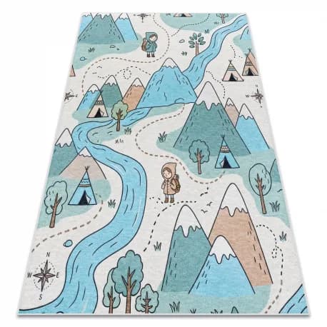 Dywan do prania BAMBINO 61590 Rzeka, góry, tipi dla dzieci, antypoślizgowy - krem / niebieski